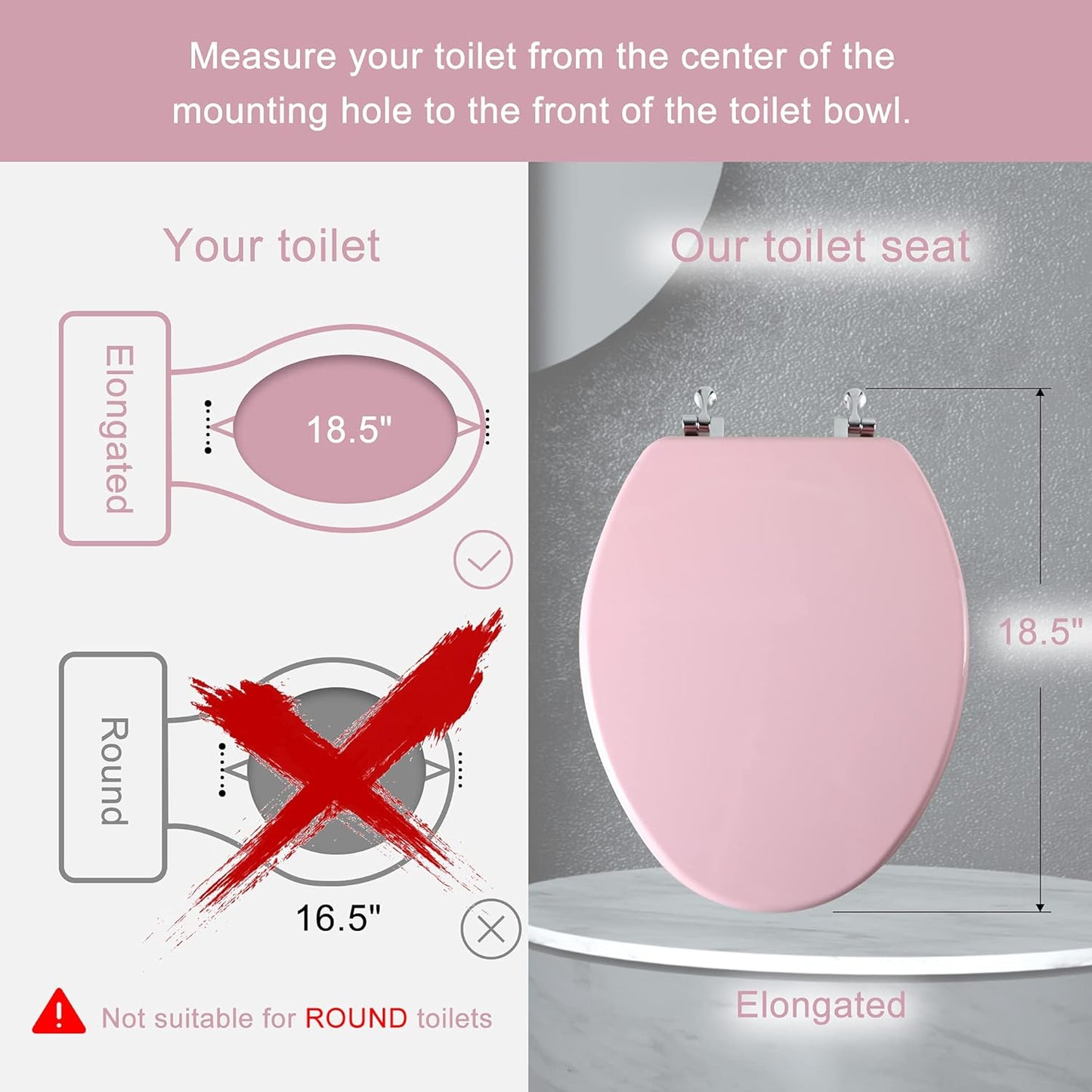 Pink Elongated Toilet Seat Natural Wood Toilet Seat with Zinc Alloy Hinges, Easy to Install also Easy to Clean, Scratch Resistant Toilet Seat by Angol Shiold (Elongated, Pink)