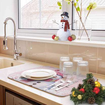 Christmas Pink Snowman Dish Drying Mat Absorbent Drying Matt Kitchen Counter Mats Pink White Snowflake Quick Dry Dishes Drainer Christmas Decorations 18x24 Inch