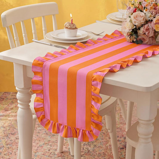 HunnmingRe Ruffle Edge Striped Table Runner 118 x 15.7 Inch Scalloped Table Cover Farmhouse Linen-Cotton Blend Fabric Tabletop Decor for Home Kitchen Dinner Wedding Bridal Shower Party