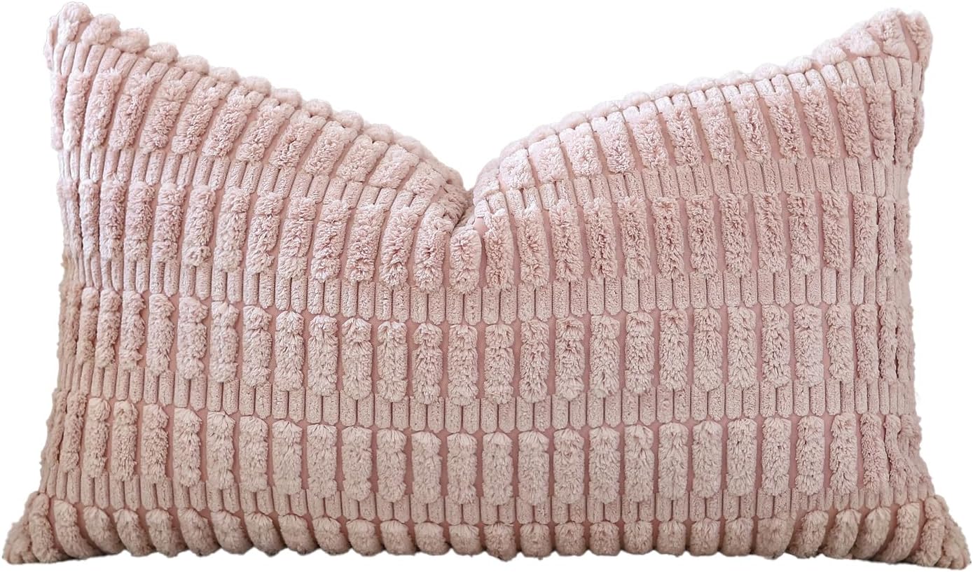 OTOSTAR Corduroy Decorative Throw Pillow Covers 12x20 Inch Super Soft Boho Striped Rectangle Pillow Covers Case Modern Cushion Covers for Sofa Couch Bedroom Car Decor Pink