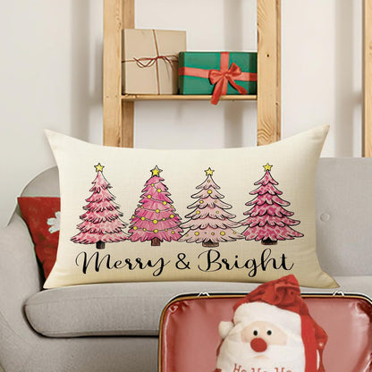 Pink Christmas Tree Decorative Throw Pillow Cover 12 x 20, Rectangular Xmas Pine Trees Outdoor Home Decor, Merry and Bright Winter Holiday Sofa Couch Cushion Case