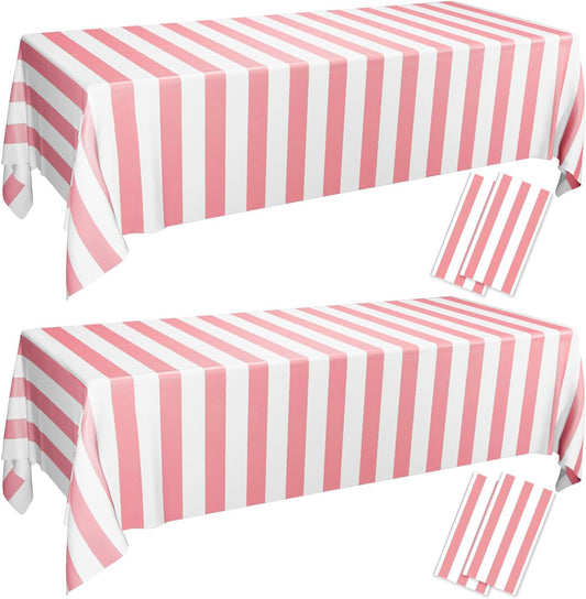 4 Pcs Pink and White Stripe Tablecloths | 51 x 86in, Plastic Table Cover, Pink Theme Party Decorations for Carnival, Movie Night, Girl's Birthday, Wedding