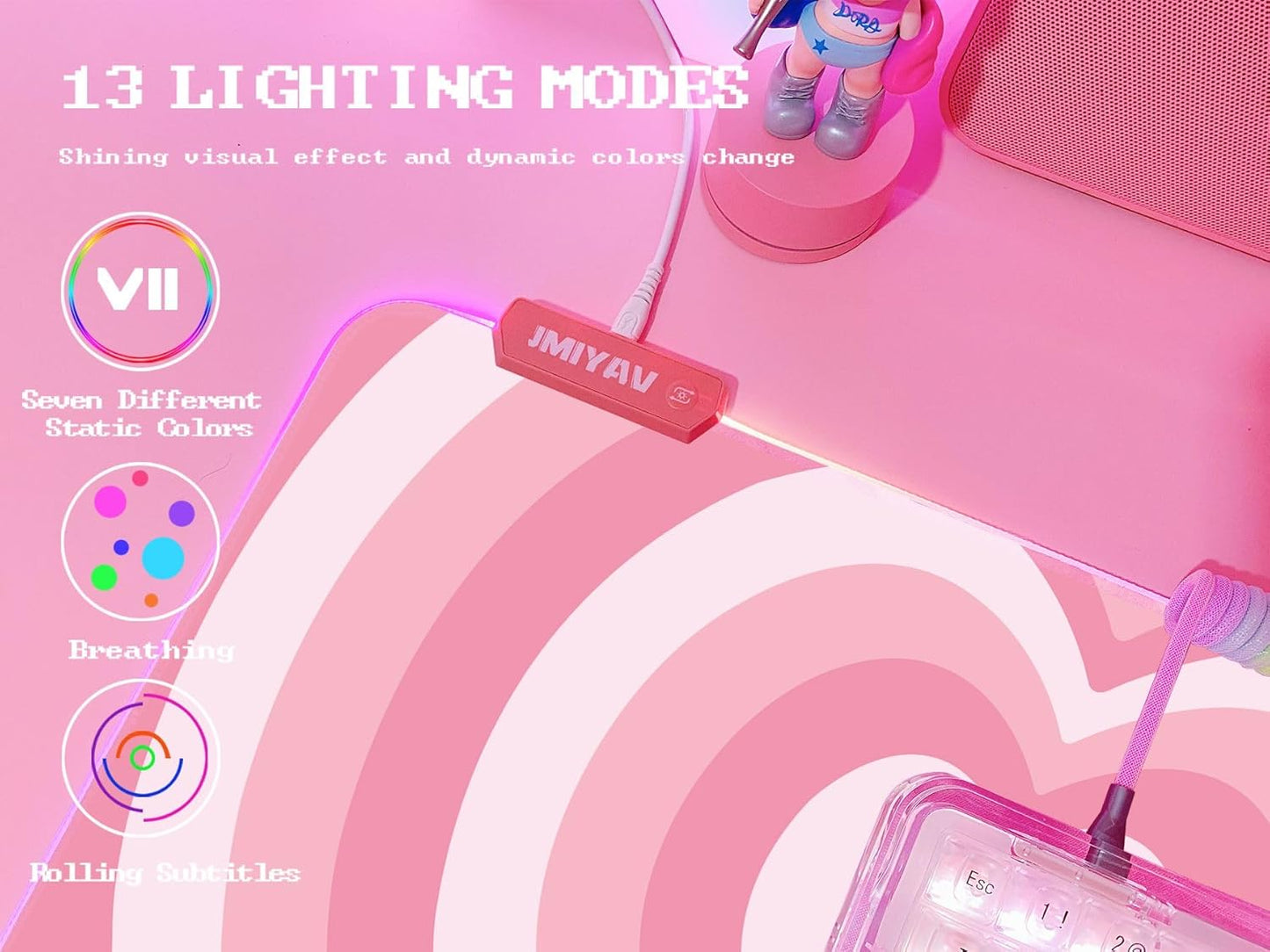 JMIYAV Pink Love Heart RGB Gaming Mouse Pad 31.5x12 Inch Cute Mousepad PC XL Large Extended Glowing Led Light Up Desk Pad Non-Slip Rubber Base Computer Mat Desk Accessories Gaming Setup