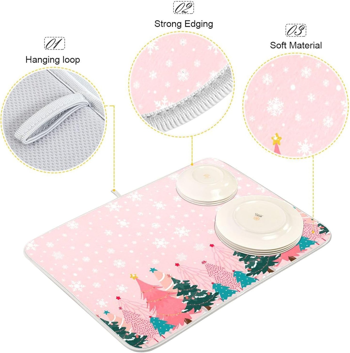 Christmas Tree Pink Dish Drying Mat for Kitchen Countertop 18x24 Winter Snowflake White Xmas Large Drying Mat Reusable Quick Dry Dish Sink Mats Easy Clean Decorative Essentials