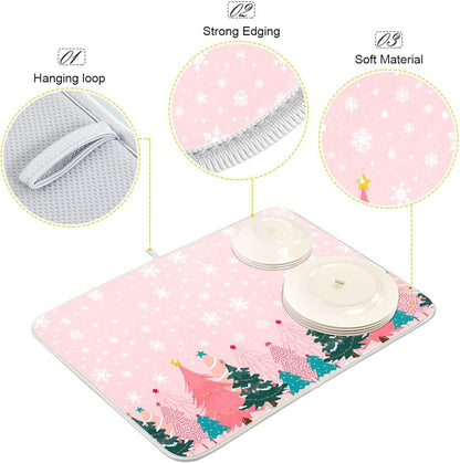 Christmas Tree Pink Dish Drying Mat for Kitchen Countertop 18x24 Winter Snowflake White Xmas Large Drying Mat Reusable Quick Dry Dish Sink Mats Easy Clean Decorative Essentials