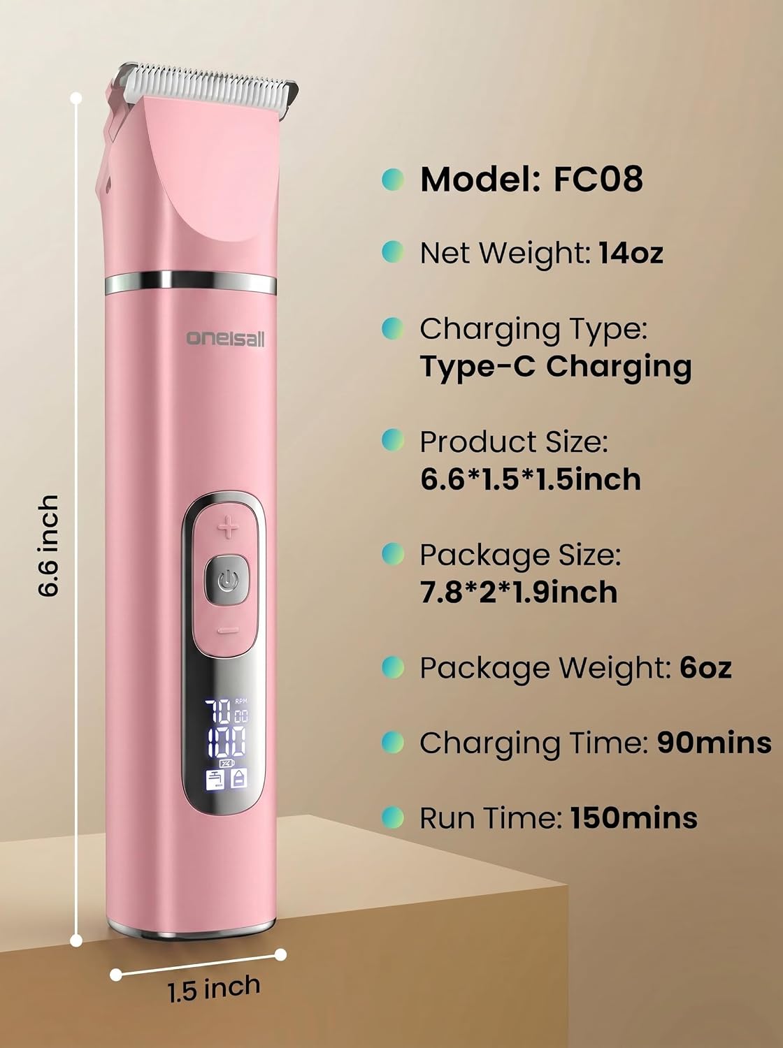 oneisall 4 in 1 Dog Grooming Kit with LCD Display, Dog Hair Trimmer for Paw Nail Grinder, Rechargeable Cordless Low Noise IPX7 Waterproof Pet Clippers Pink