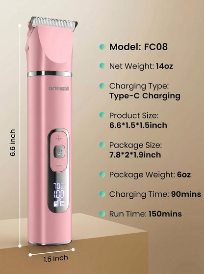 oneisall 4 in 1 Dog Grooming Kit with LCD Display, Dog Hair Trimmer for Paw Nail Grinder, Rechargeable Cordless Low Noise IPX7 Waterproof Pet Clippers Pink