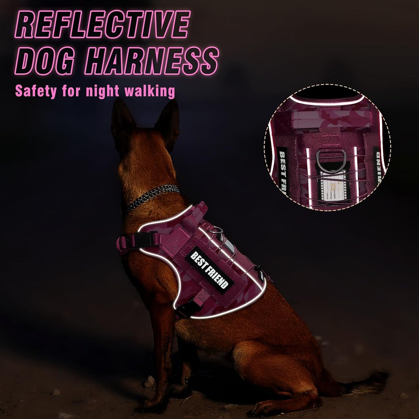 Tactical Dog Harness Small Sized Dog,No Pull Military Dog Vest with Easy Control Handle&Molle,Adjustable Heavy Duty Pet Harness for Hiking Training,Reflective for Night Walking Camo Pink S