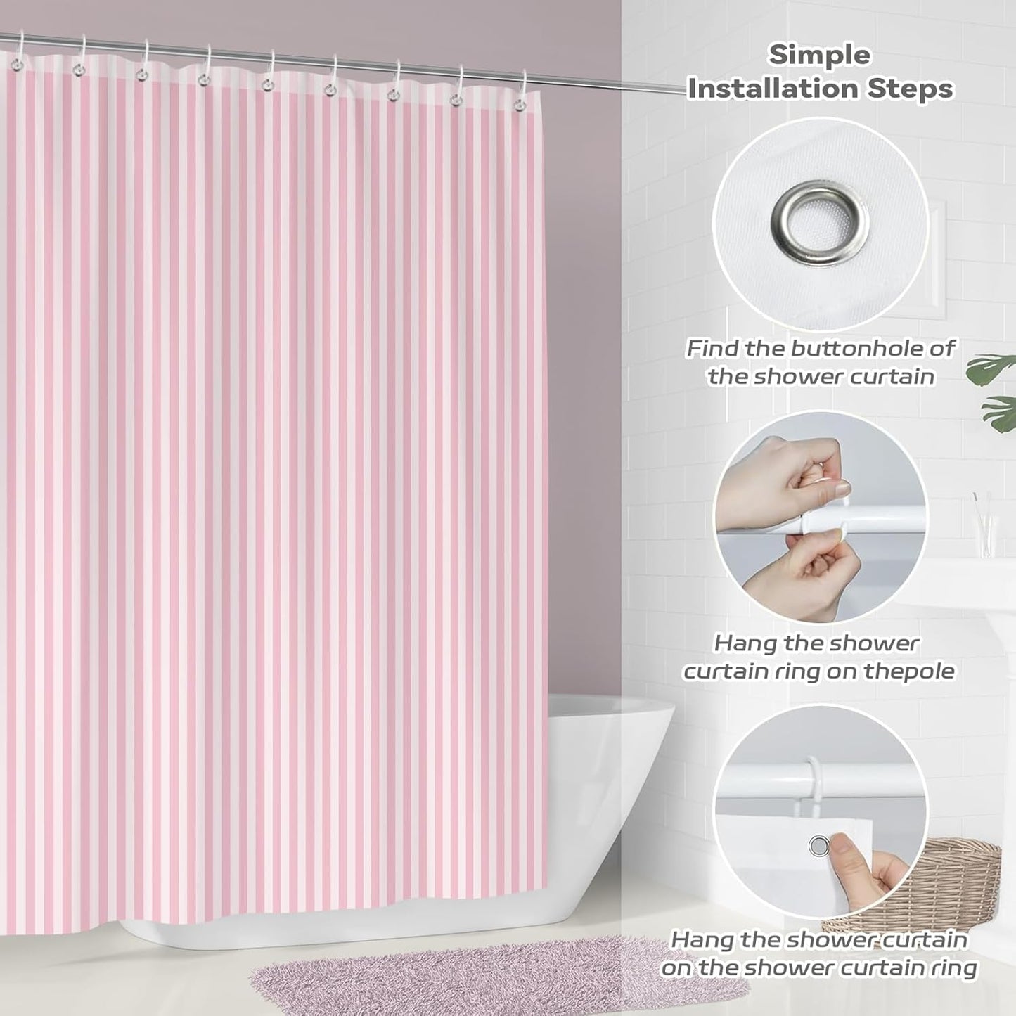 Pink and White Striped Shower Curtain,Pink Vertical Striped Geometric Waterproof Polyester Bathroom Curtain,Modern Farmhouse Bath Decor with 12 Hooks 78 x 72 inch