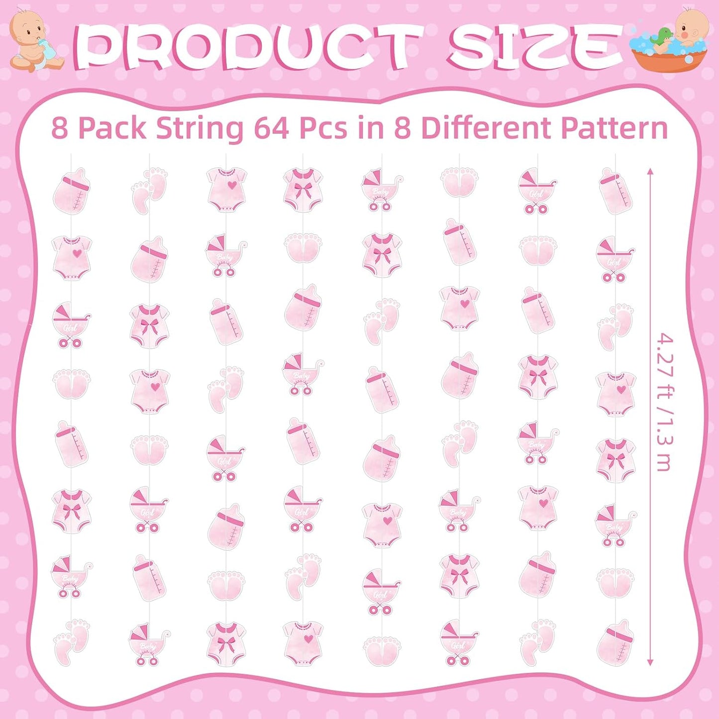 Weecent 8 Pack Pre-Strung Pink Baby Shower Banner Baby Girl Party Decorations Pink Paper Garland Baby Girl Birthday Party Favors Baby Shower Party Supplies