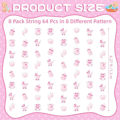 Weecent 8 Pack Pre-Strung Pink Baby Shower Banner Baby Girl Party Decorations Pink Paper Garland Baby Girl Birthday Party Favors Baby Shower Party Supplies