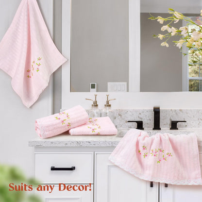 Jacquotha Pink Washcloths 4 Pack (Floral Embroidered), Soft Wash Cloths for Face, Body, Showering, Spa & Bathroom Decor, 13” x 13"