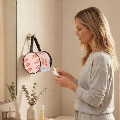 Oxford Cylinder Tissue Holder, Round Tissue Container Pink Peach Pattern - 6.3''X6.3'' Portable Toilet Paper Roll Cover Tissue Box for Home Car Camping Office Travel