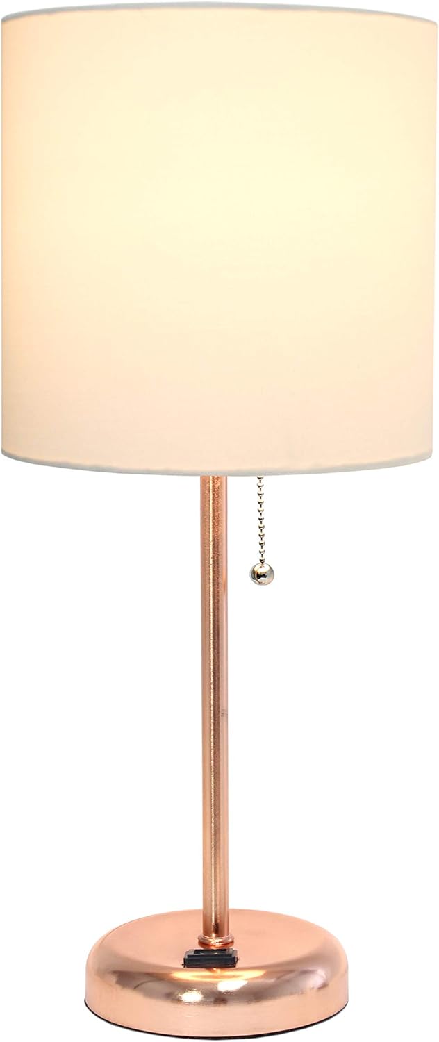 Simple Designs LT1144-RGD Sleek and Slender Rose Gold Table Lamp with Charging Outlet, for Bedroom, Living Room, Entryway, Office, Dining Room, Study, White Shade