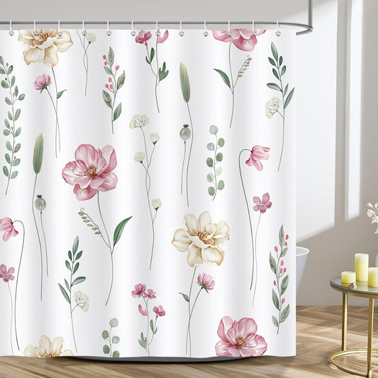 Bonhause Pink Beige Floral Shower Curtain, Watercolor Flower Leaves Modern Minimalist Bathroom Decor 72x72 Inch Polyester Fabric Waterproof Bath Curtain with 12 Hooks