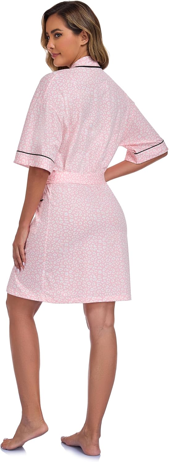 COLORFULLEAF Women's 100% Cotton Robes Summer Short Sleeve Robe Lightweight Knee Length Bathrobe Loungewear with Pockets