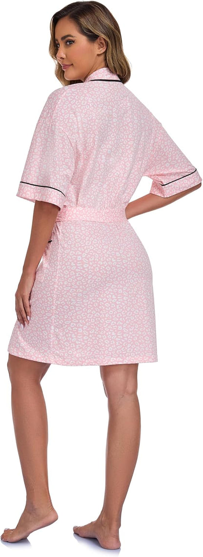COLORFULLEAF Women's 100% Cotton Robes Summer Short Sleeve Robe Lightweight Knee Length Bathrobe Loungewear with Pockets