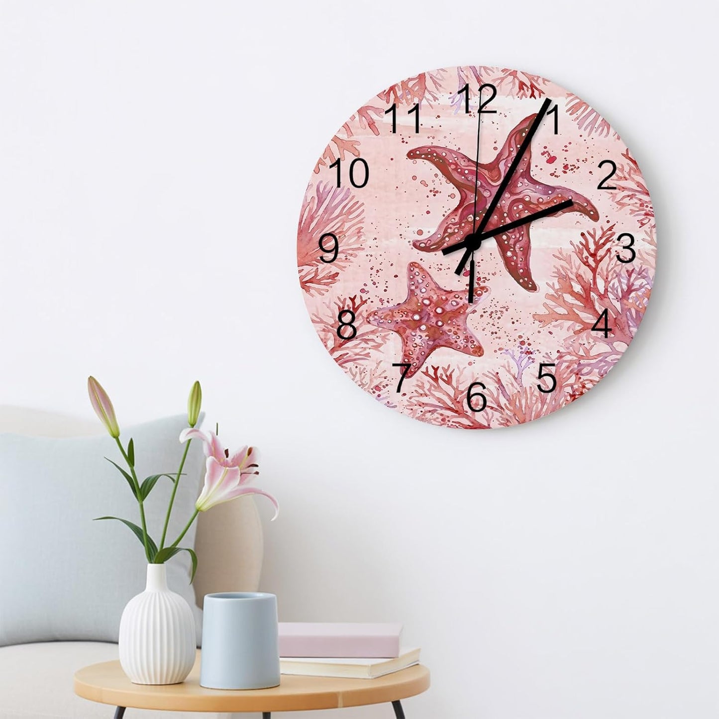 Summer Ocean Coral Wall Clock Silent Non Ticking Romantic Coastal Starfish Plants Red Pink Large Wall Clocks Battery Operated Decor for Home Kitchen Living Room Bathroom Office School Bedroom, 10 Inch