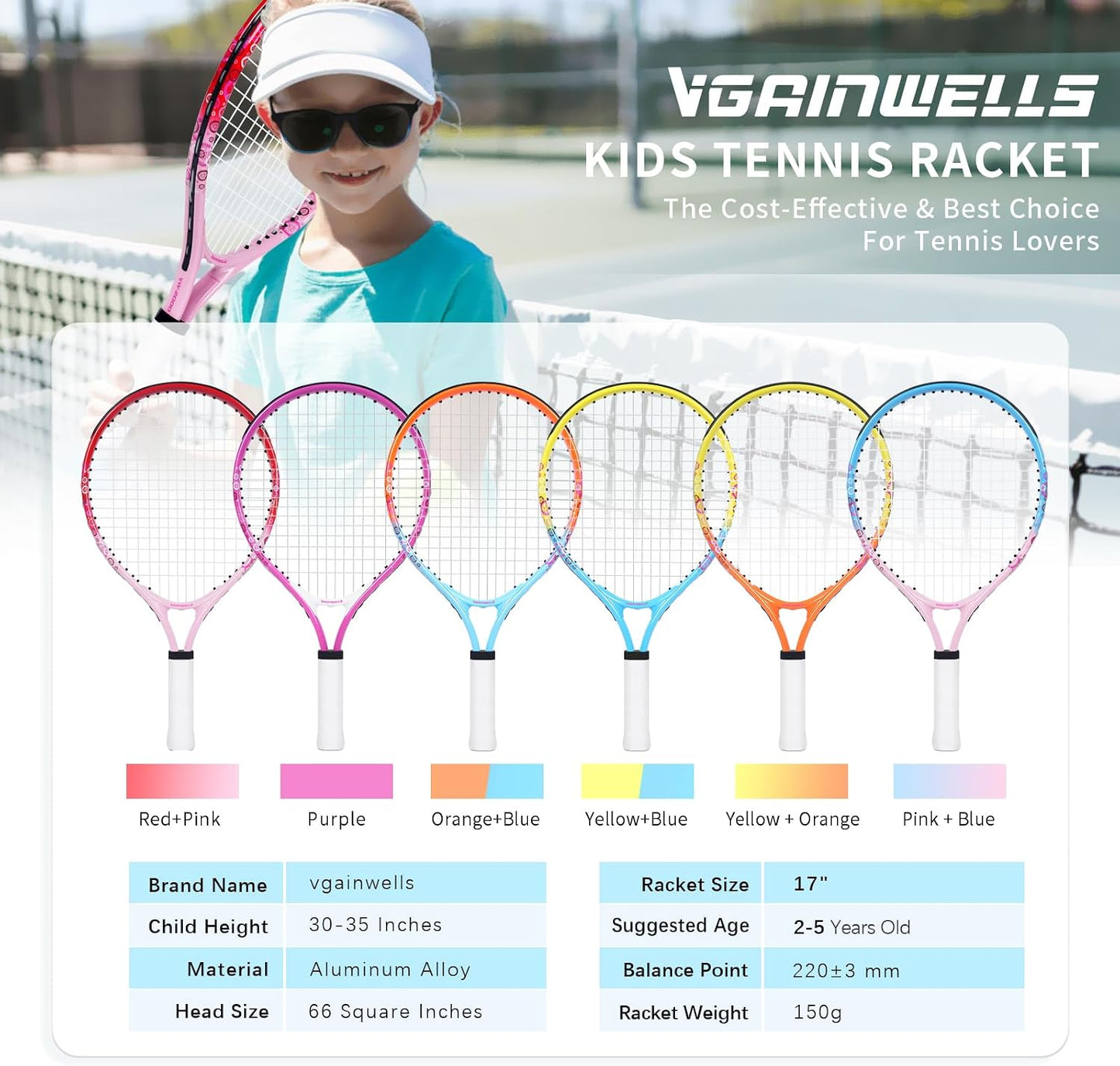 17"-23" Kids Tennis Racket for Aged 2-9, Lightweight and Durable, Including 1 Toddler Tennis Racket and 1 Replacement Grip Tapes