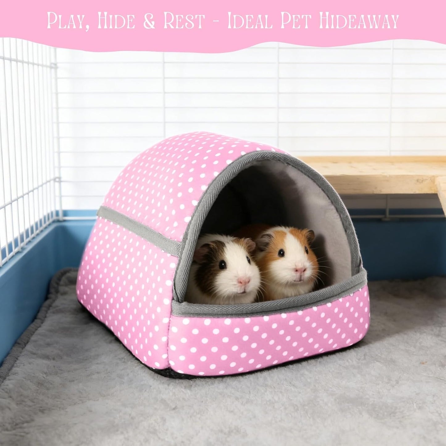Guinea Pig Hideout with Cuddle Pouch - Washable Dwarf Rabbit Bed, Durable Fabric with Soft Lining - Small Animal Cage Accessories - Pink Dot