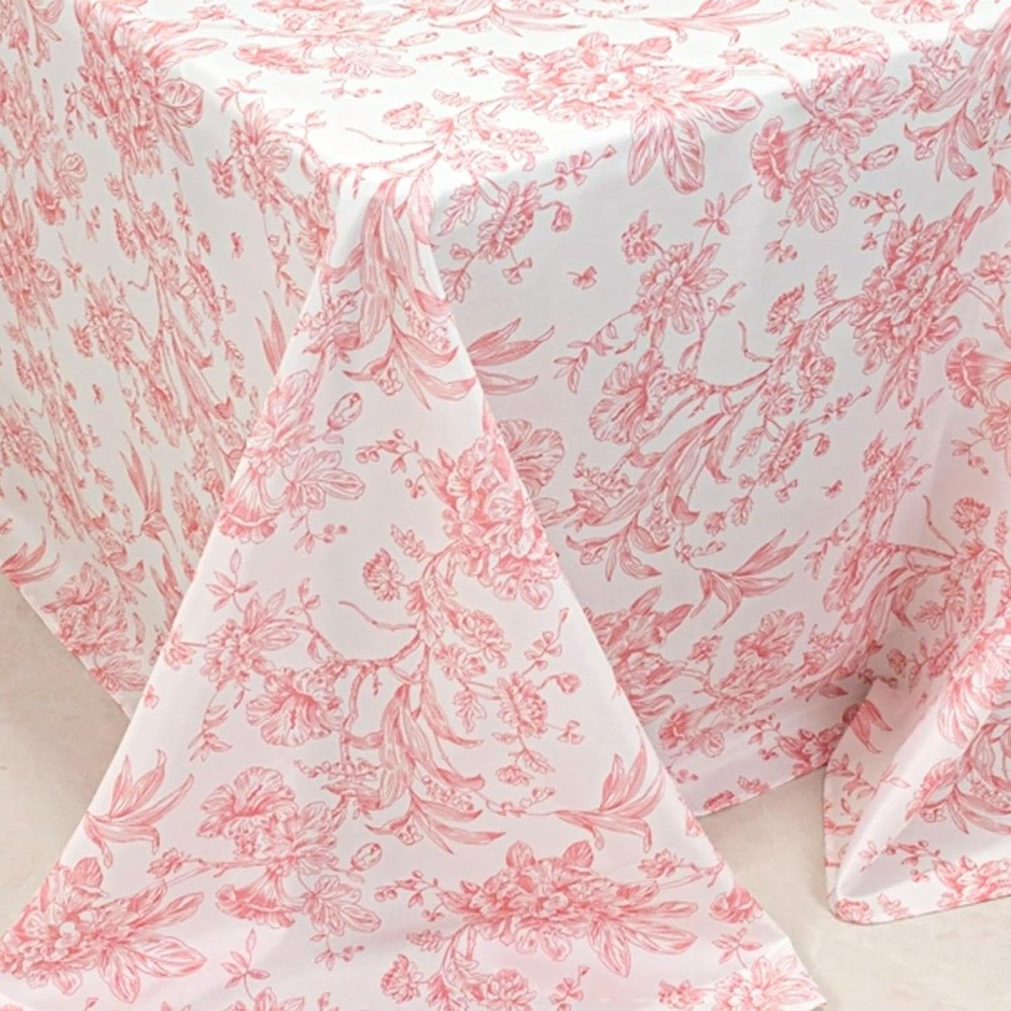 Efavormart Polyester Rectangular Tablecloth 90"x132" White with Pink French Toile Pattern - Sophisticated Table Cover for Chic Weddings & Events