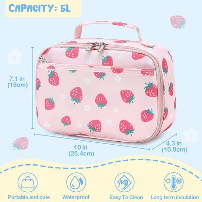 CAMTOP Lunch Box Kids Boys Girls Insulated Lunch Cooler Bag Reusable Lunch Tote Kit for School Travel (Pink Strawberry)