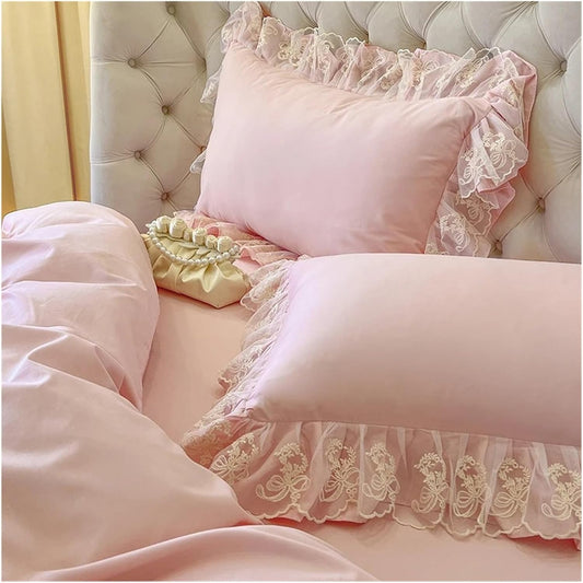 Ruffle Pillow Case Cotton Pillow Cover Lace Pillowslip Cushion Covers Ruffled Pillow Cases(Light Pink)