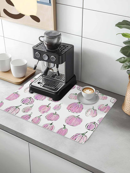 Coffee Mat for Countertops Fall Thanksgiving Light-pink Pumpkin Pattern Absorbent Dish Drying Mat for Kitchen Counter Coffee Bar Accessories Rubber Backed for Espresso Machine 18" x 24"