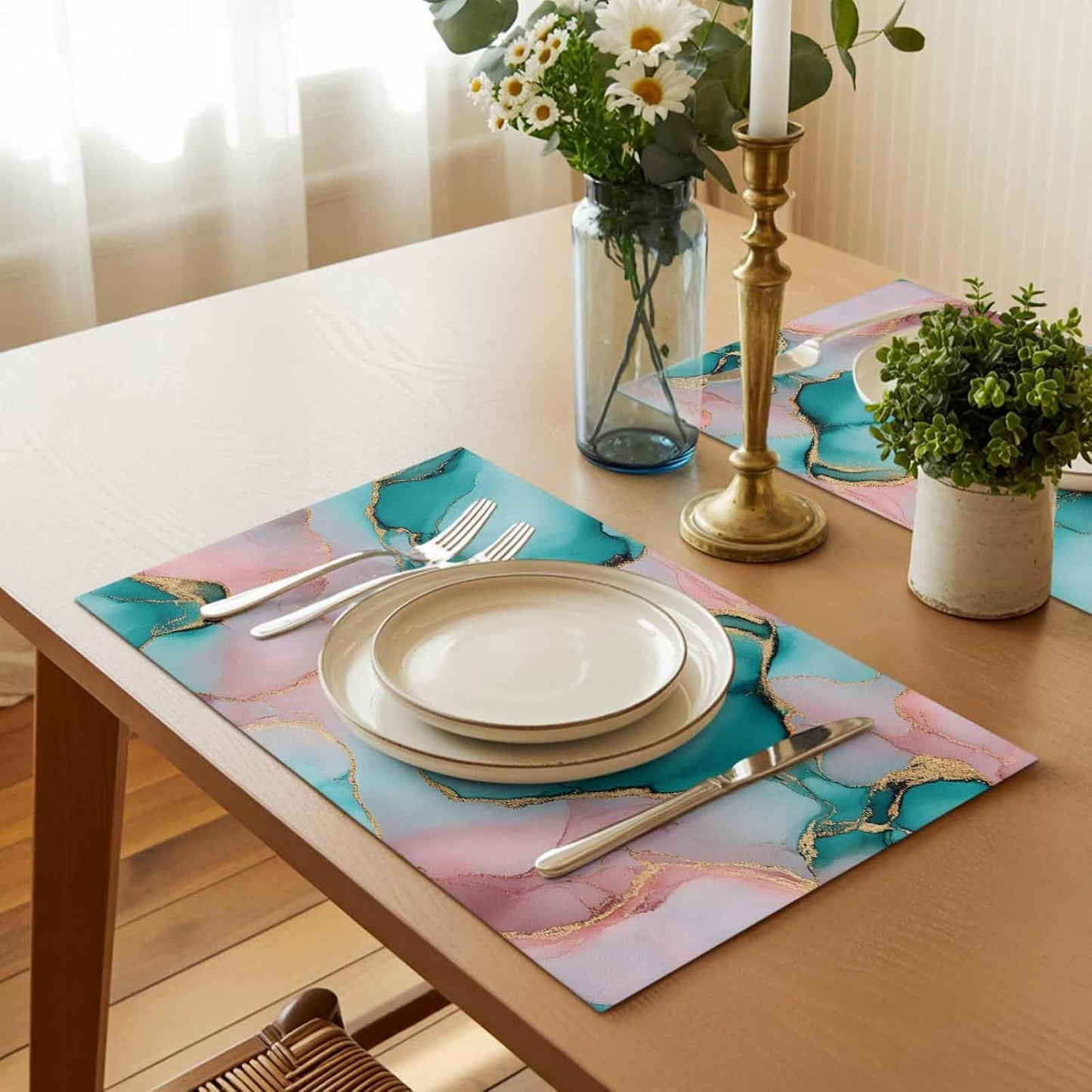 Pink Water Marble Placemat Set of 4 Non-Slip Placemats for Dining Table Abstract Art Washable Table Mats, Heat Resistant Kitchen Table Mats for Party, Dining Room & Home Decor