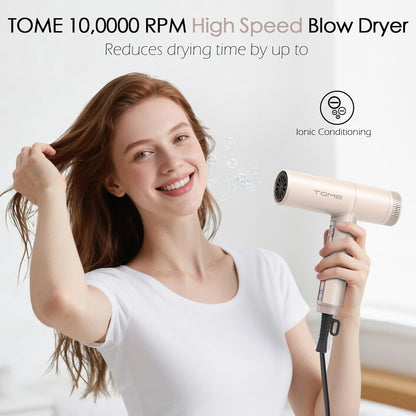 TOME Hair Dryer, 1875W High-Speed EC Motor 110,000 RPM Ionic Blow Dryer, Fast Drying, Cool Shot Lock, 3 Heat 2 Speed, 4 Attachments (Styling Nozzle, Diffuser, 2 Air-Powered Wrap Wands), 125V Pink