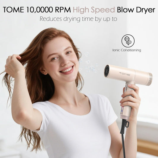 TOME Hair Dryer, 1875W High-Speed EC Motor 110,000 RPM Ionic Blow Dryer, Fast Drying, Cool Shot Lock, 3 Heat 2 Speed, 4 Attachments (Styling Nozzle, Diffuser, 2 Air-Powered Wrap Wands), 125V Pink