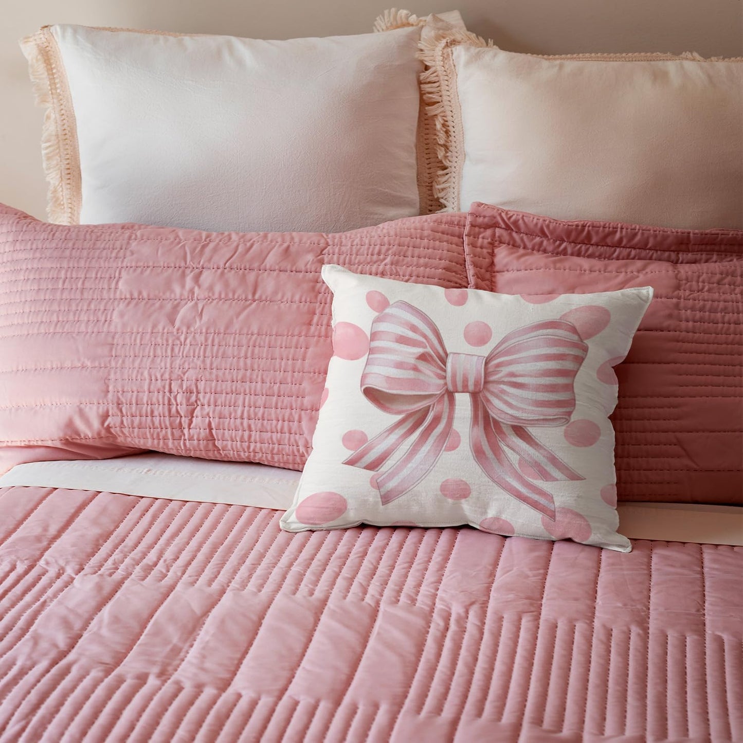 Preppy Pink Bow Room Decor Pillow Covers, Coquette Bow Throw Pillow Covers 18x18, Cute Girly Decorative Pillow Cases for Women Girls Home Bedroom Dorm Couch