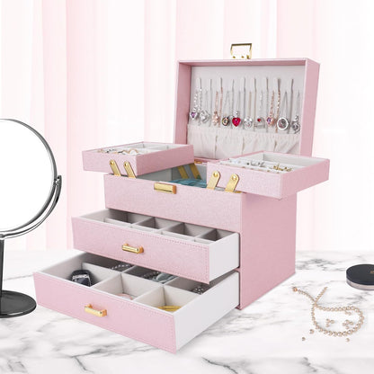 Dajasan Jewelry Organizer Box, Large Jewelry Boxes for Girls, Space-Saving 4 Layers Jewelry Storage Case with Drawer, Gift for Women, Movable Metal Stand, Modern (Pink+ Gold)