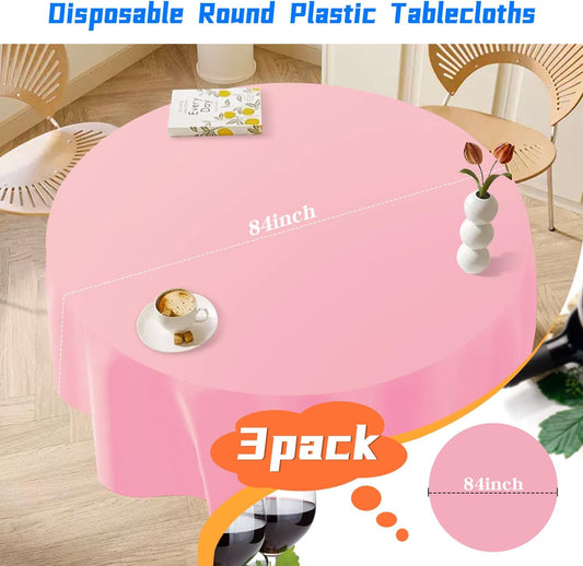 YSYJ 3 Pack Pink Plastic Tablecloth Disposable Round Table Cloth 84 Inch Table Cover for Parties