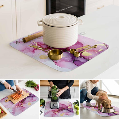 Dish Drying Mat Ombre Pink Golden Marble Texture Kitchen Counter Drying Pad for Dishes Glasses Cups and Cookware Abstract Art Absorbent Dish Drying Mat Kitchen Accessories 2 Pack 16" x 18"