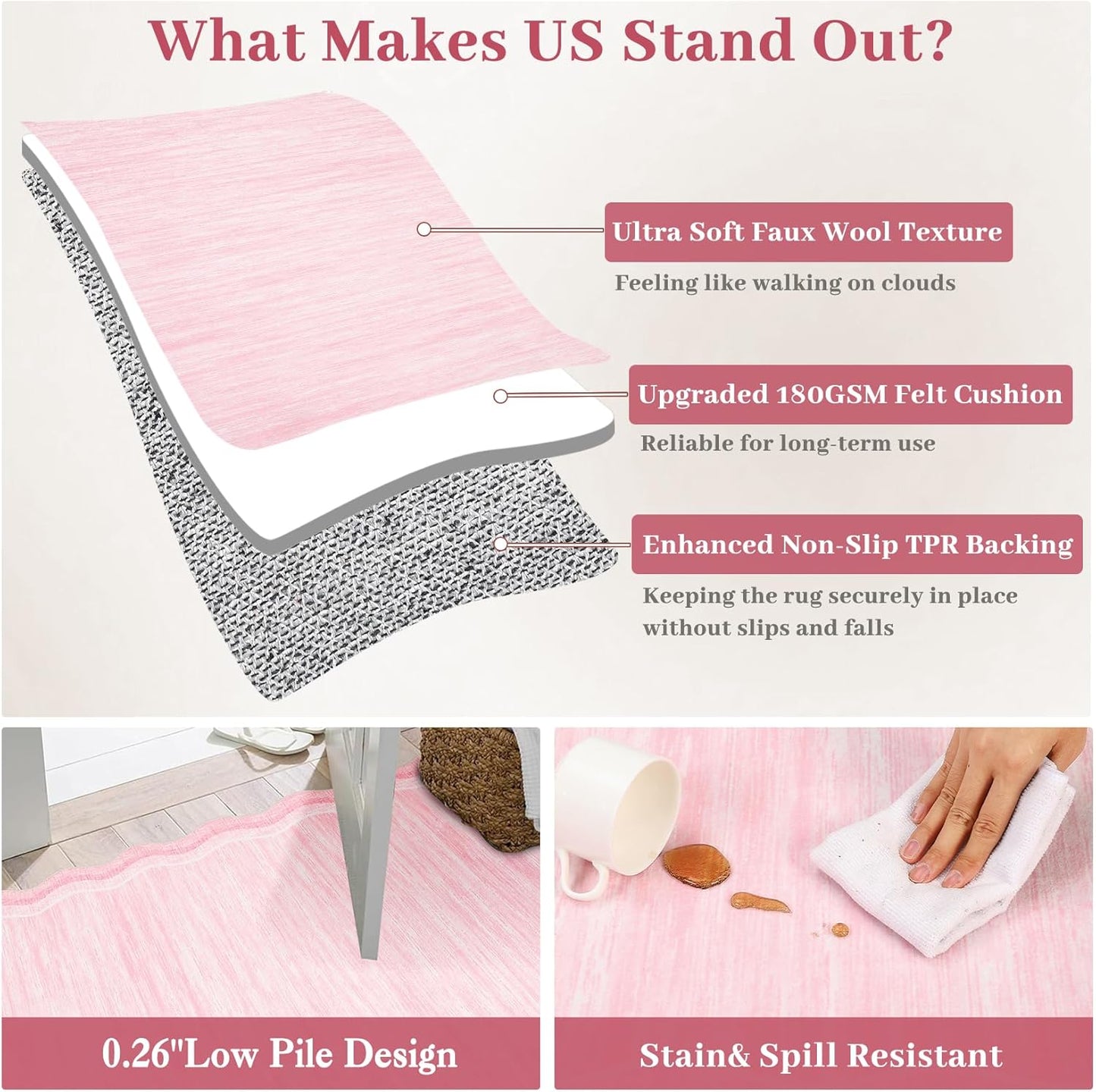 GarveeHome Washable Area Rug 9x12 Scalloped Rugs for Living Room 9x12 Large Scalloped Carpet, Non-Shedding Contemporary Easy Cleaning Mats, Solid Modern Pink Rug for Bedroom Dining Room Playroom