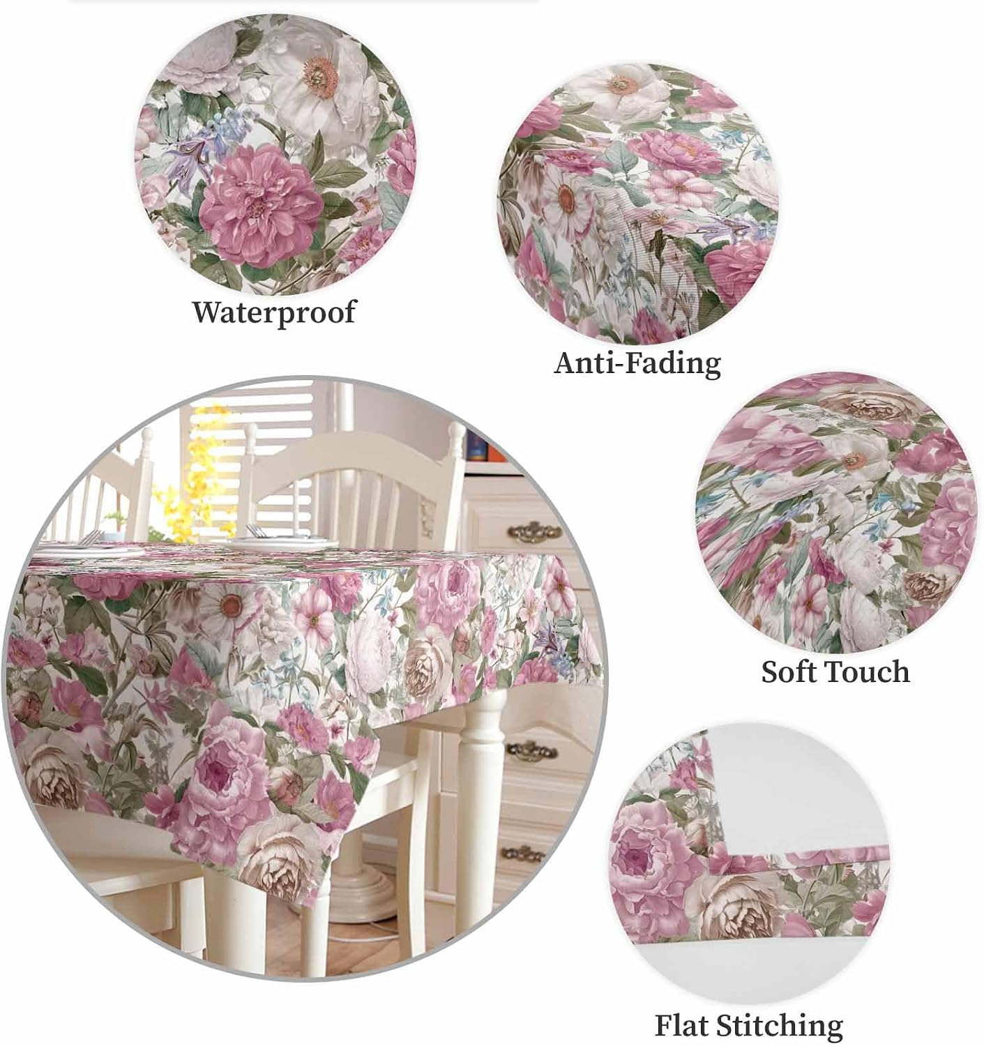 Light Pink Spring Floral Rectangle Tablecloth Waterproof & Stainproof Tablecloths, Vintage Summer Botanical Wipeable Table Cloth for Round/Rectangle/Oval/Square/Dining/Party/Wedding, 60x120