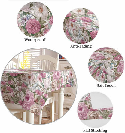 Light Pink Spring Floral Rectangle Tablecloth Waterproof & Stainproof Tablecloths, Vintage Summer Botanical Wipeable Table Cloth for Round/Rectangle/Oval/Square/Dining/Party/Wedding, 60x120