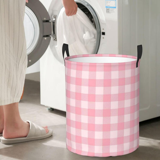 Pink Checkered Large Laundry Basket,Collapsible Laundry Hamper With Handle Checkered Room Decor,Round Waterproof Dirty Clothes Hamper Toy Organizer Storage Basket Gift for Home Bedroom Bathroom Decor