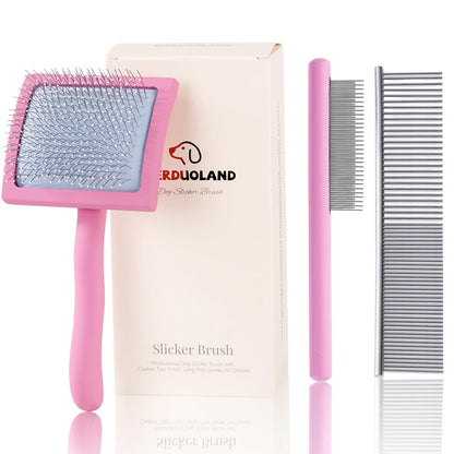 Pink Slicker Brush for Long Haired Dog Wooden Handle Coated Pins | Gently Grooming Slicker Brush, Ergonomic Wooden Handle, Long-Haired Dogs, Long Pins for Grooming Goldendoodles Poodles