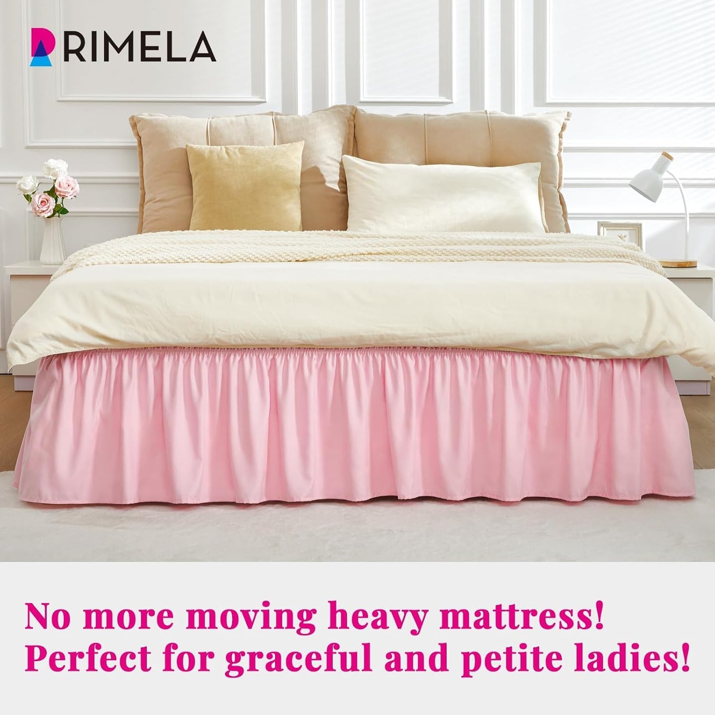 RIMELA Pink Bed Skirt Queen Size 15 Inch Drop, Wrap Around Elastic Bedskirt, Dust Ruffle for Adjustable Bed Base Machine Washable Easy to Install Bed Skirts