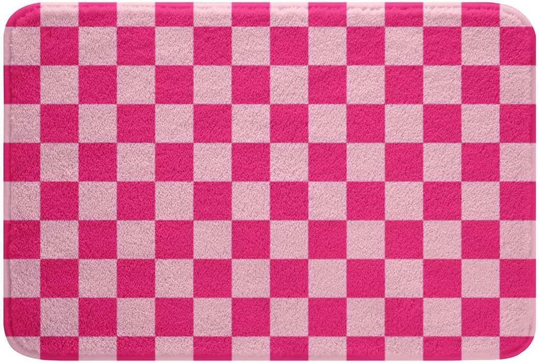 Feelyou Pink Beige Plaid Bathroom Rugs Microfiber 20"x32" Geometric Grid Bath Mats Non-Slip Checkered Bathroom Accessories Floor Doormats Soft Door Mat