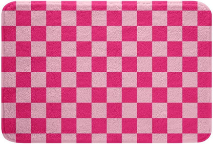 Feelyou Pink Beige Plaid Bathroom Rugs Microfiber 20"x32" Geometric Grid Bath Mats Non-Slip Checkered Bathroom Accessories Floor Doormats Soft Door Mat