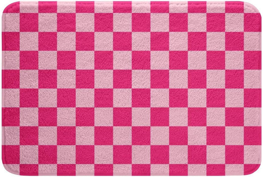 Feelyou Pink Beige Plaid Bathroom Rugs Microfiber 20"x32" Geometric Grid Bath Mats Non-Slip Checkered Bathroom Accessories Floor Doormats Soft Door Mat