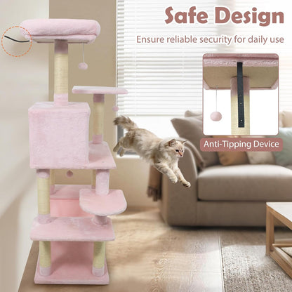 Tangkula 58 Inch Pink Cat Tree, Multi-Level Cat Tower with Sisal Scratching Posts, Padded Top Perch, Condo & Hammock, 3 Hanging Balls, Jumping Platforms for Indoor Cats (Pink)