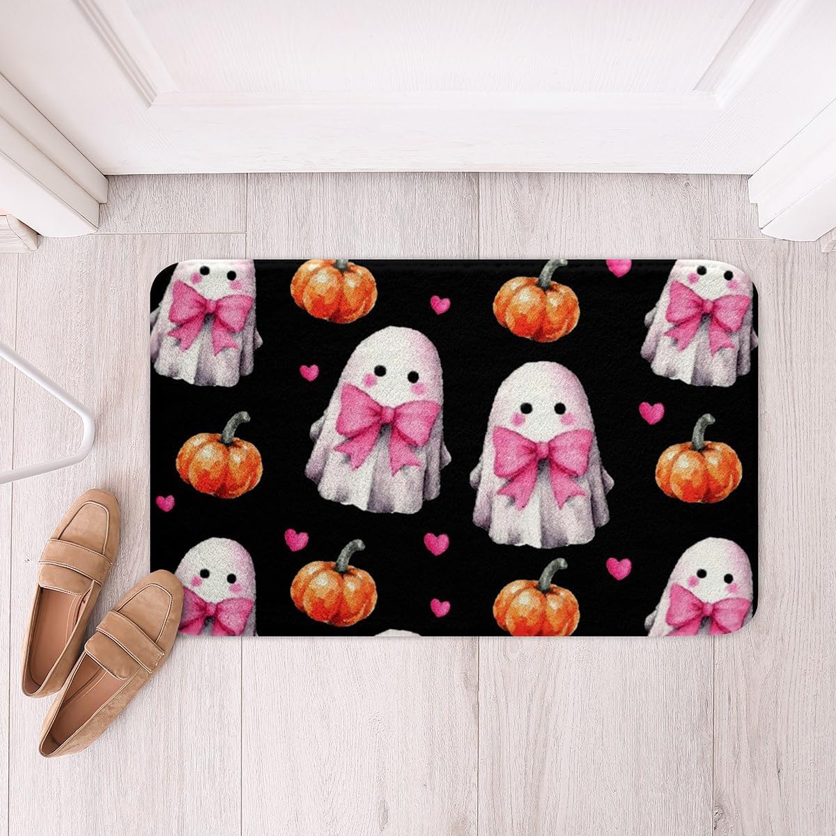 Erosebridal Cute Ghost Bathroom Rugs Pink Bow Bath Mat, Orange Halloween Lights Kawaii Bowknot Doormat 16"x24",Black Halloween Pumpkin Decorations