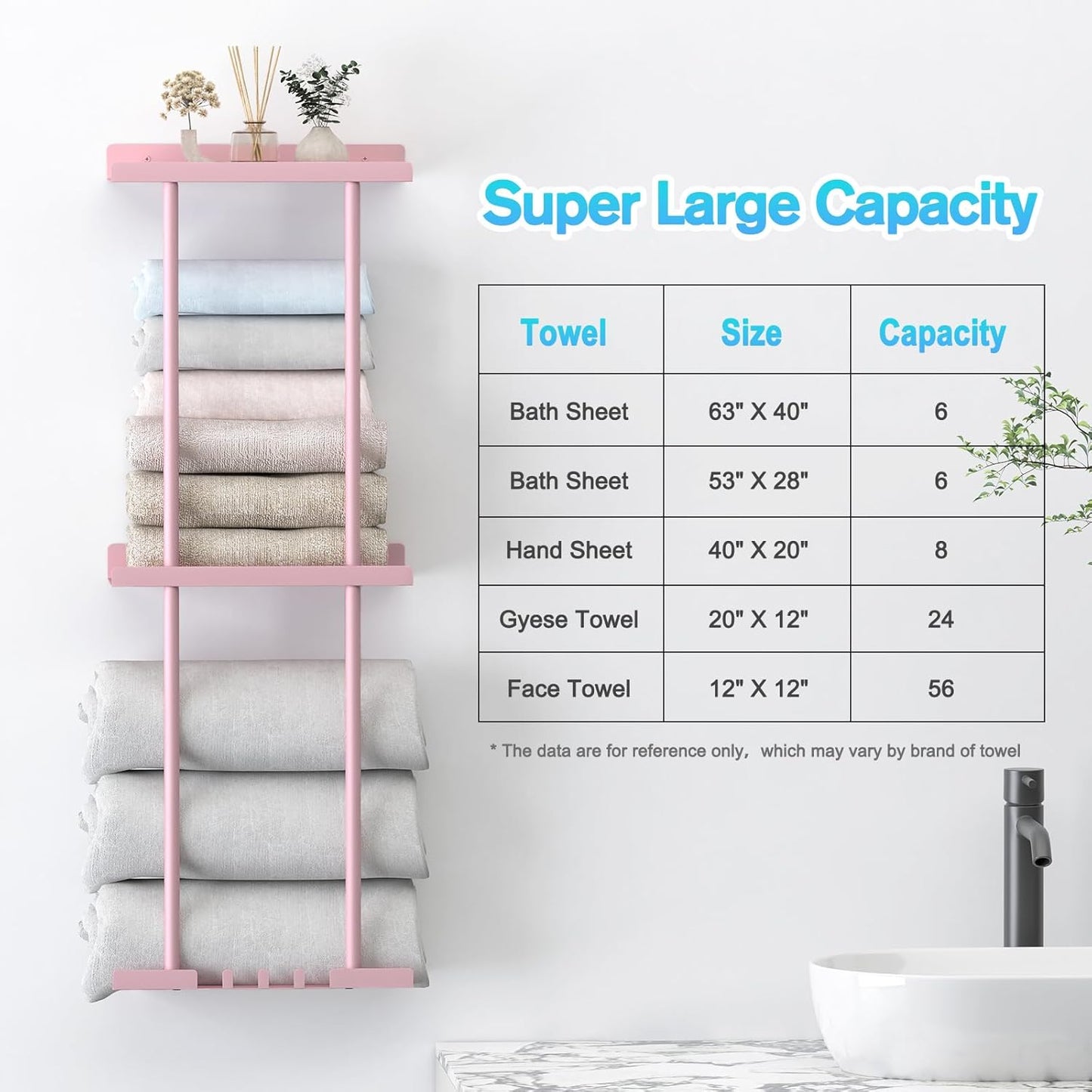 Towel Rack for Bathroom, Wall Mounted Vertical Rolled Towel Storage Organizer Holder with Shelf, Holds Up 6 Large Bath Sheets, Pink Large Size