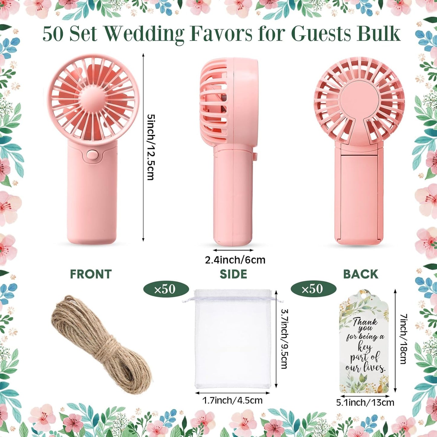 50 Set Wedding Mini Handheld Fans for Guests Bulk, Portable Battery Operated Small Cooling Fans with Thank You Cards & Organza Bags, Perfect for Summer Outdoor Bridal Shower Party Favors (Pink)