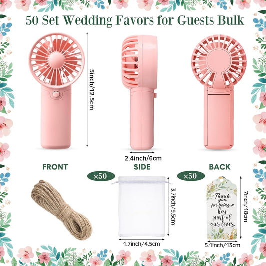 50 Set Wedding Mini Handheld Fans for Guests Bulk, Portable Battery Operated Small Cooling Fans with Thank You Cards & Organza Bags, Perfect for Summer Outdoor Bridal Shower Party Favors (Pink)