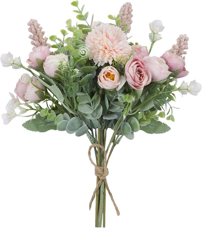 3Pcs Rose Bouquet Pink Artificial Flowers Eucalyptus Plants Fake Silk Flower Arrangements Wedding Bouquets Decorations Plastic Floral Table Centerpieces for Home Kitchen Garden Party Decor